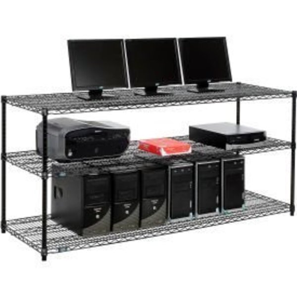 Global Equipment Nexel     3-Shelf Wire Computer LAN Workstation, 72"W x 24"D x 34"H, Black 695379BK